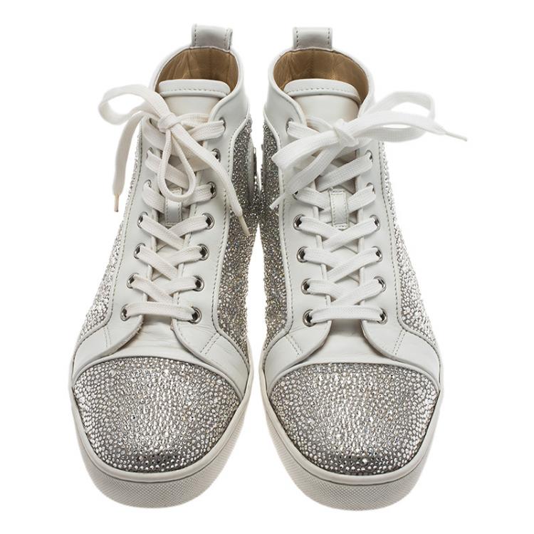 Pre Owned Christian Louboutin White Strass Leather Louis High Top Sneakers Size 43