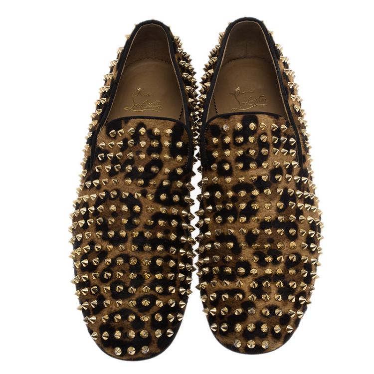 Pre Owned Christian Louboutin Leopard Calf Hair Spike Rollerboy Slip-On Size 42.5