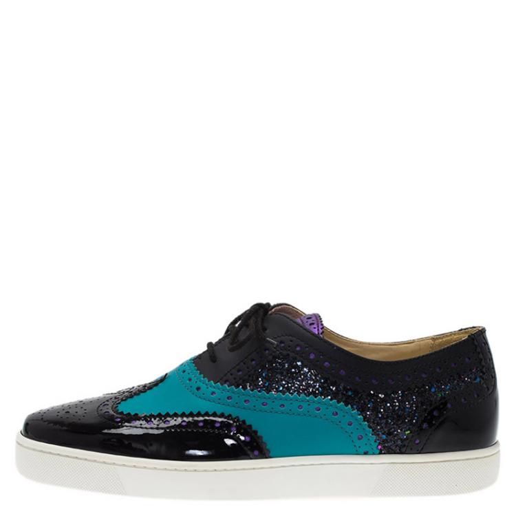 Pre Owned Christian Louboutin Tricolor Glitter Brogue Leather Golfito Sneakers Size 42.5