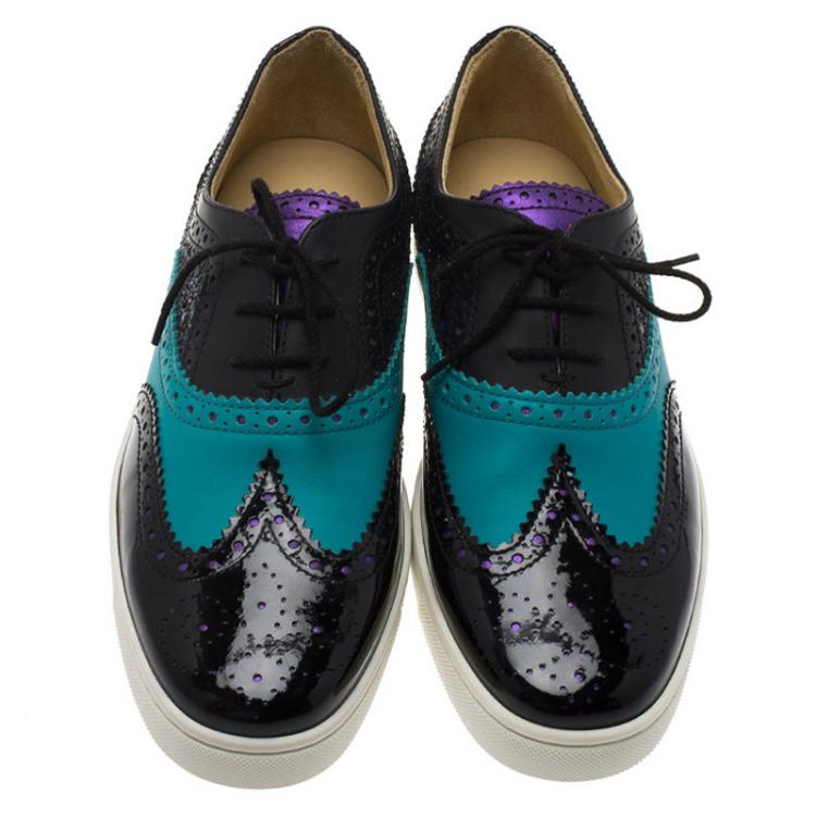Pre Owned Christian Louboutin Tricolor Glitter Brogue Leather Golfito Sneakers Size 42.5