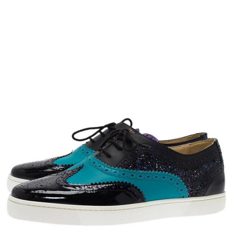 Pre Owned Christian Louboutin Tricolor Glitter Brogue Leather Golfito Sneakers Size 42.5