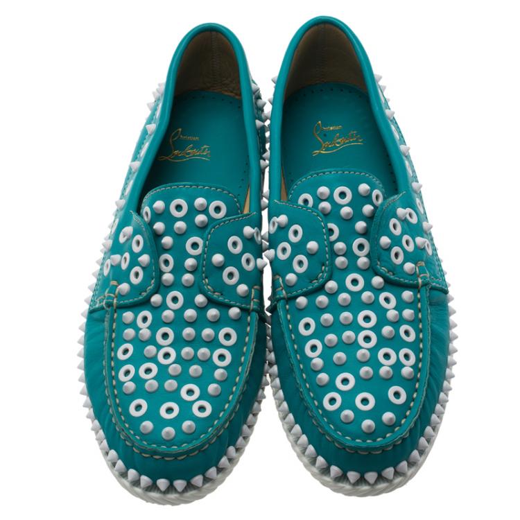 Pre Owned Christian Louboutin Turquoise Spike Leather Yacht Loafers Size 41.5