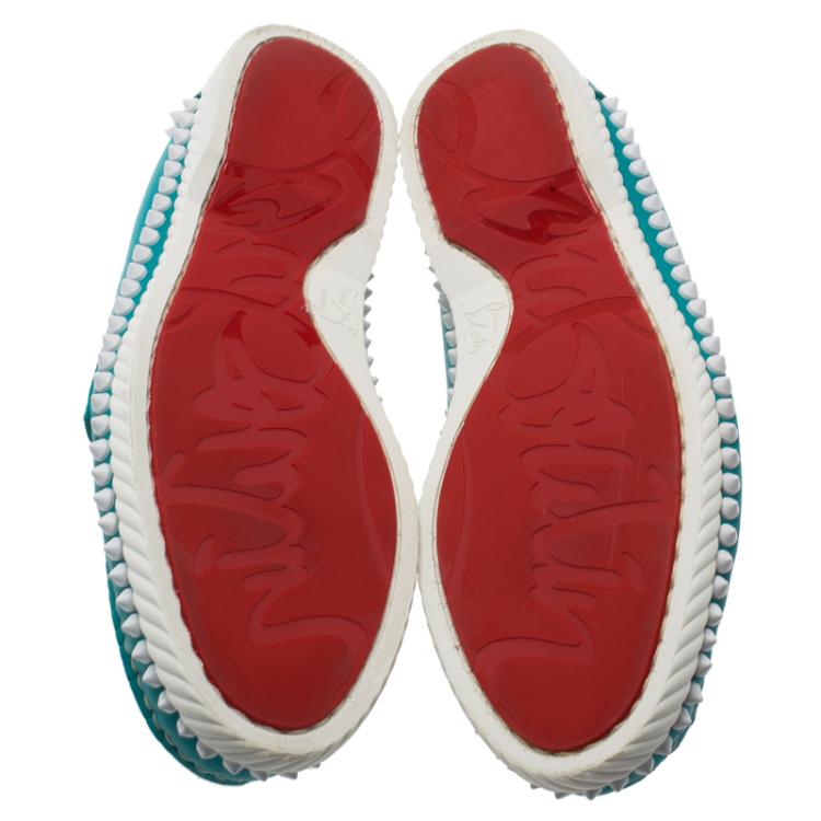 Pre Owned Christian Louboutin Turquoise Spike Leather Yacht Loafers Size 41.5
