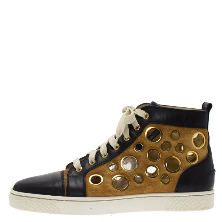 Pre Owned  Christian Louboutin Black Leather and Brown Suede Mika On Stage High Top Sneakers Size 43