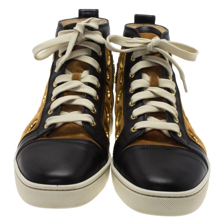 Pre Owned  Christian Louboutin Black Leather and Brown Suede Mika On Stage High Top Sneakers Size 43