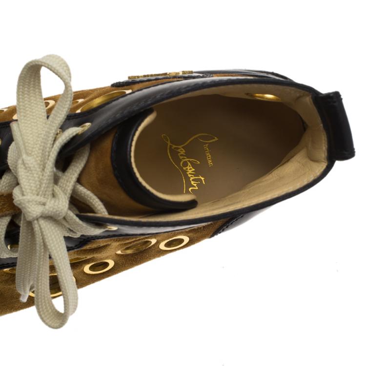 Pre Owned  Christian Louboutin Black Leather and Brown Suede Mika On Stage High Top Sneakers Size 43
