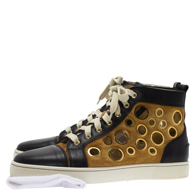 Pre Owned  Christian Louboutin Black Leather and Brown Suede Mika On Stage High Top Sneakers Size 43