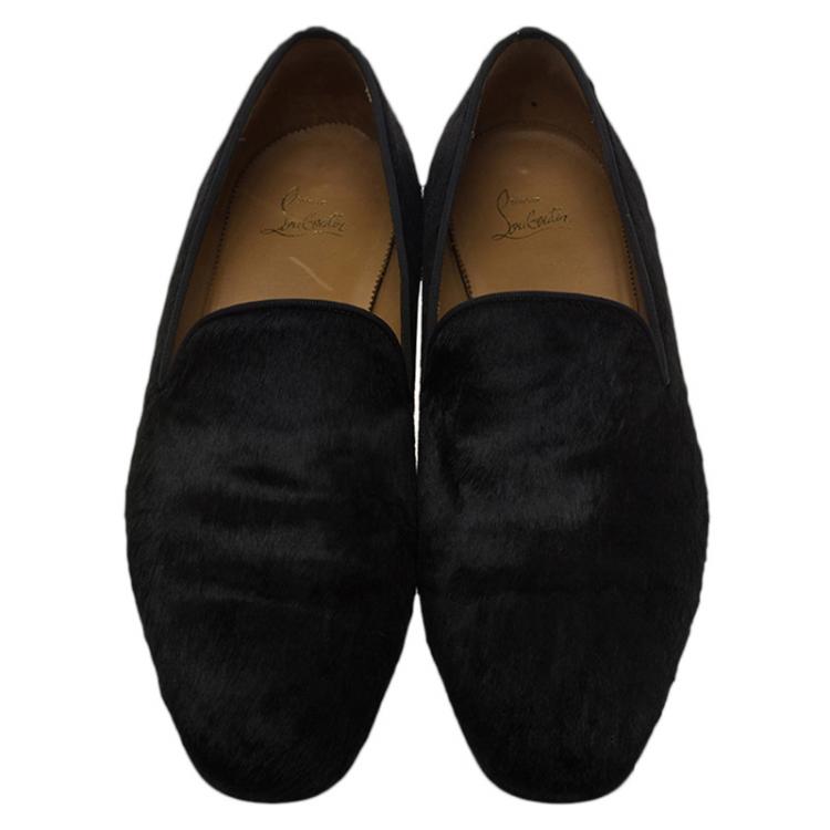 Pre Owned Christian Louboutin Black Calf Hair Dandelion Smoking Slippers Size 44