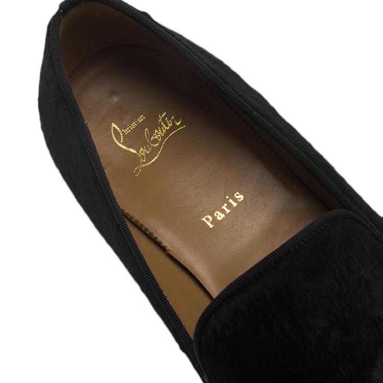 Pre Owned Christian Louboutin Black Calf Hair Dandelion Smoking Slippers Size 44