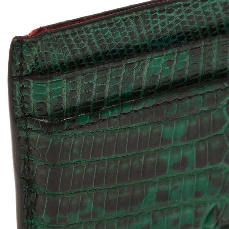 Pre Owned Christian Louboutin Green Lizard Embossed Leather Kios Card Holder