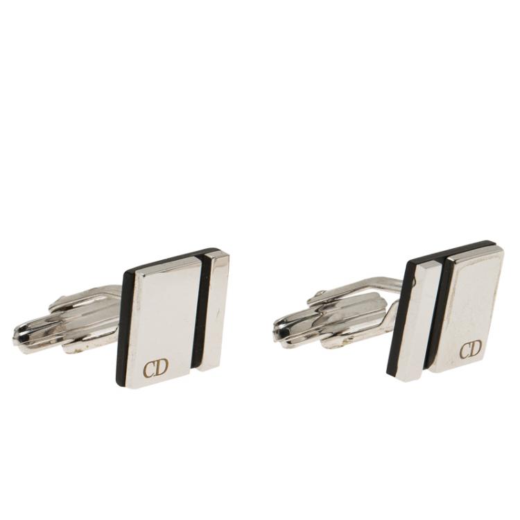 Pre Owned Dior Silver and Black Stainless Steel Cassic Cufflinks
