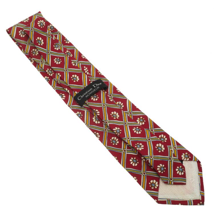 Pre Owned Dior Red Floral Print Silk Tie