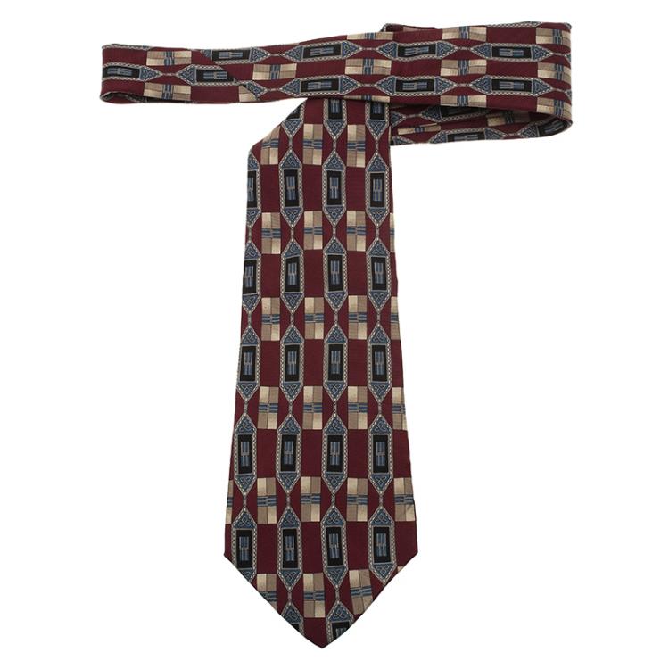 Pre Owned Dior Burgundy and Blue Printed Silk Tie