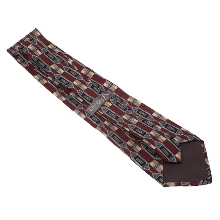 Pre Owned Dior Burgundy and Blue Printed Silk Tie