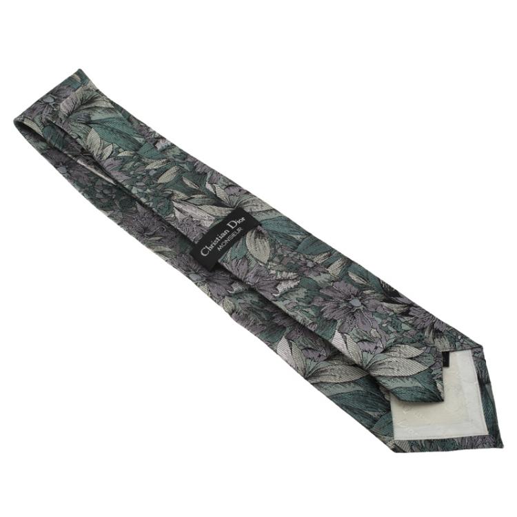 Pre Owned Dior Green Metallic Floral Print Silk Tie