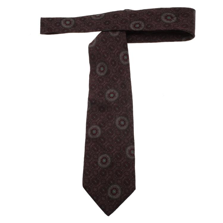 Pre Owned Dior Burgundy and Grey Printed Silk Tie