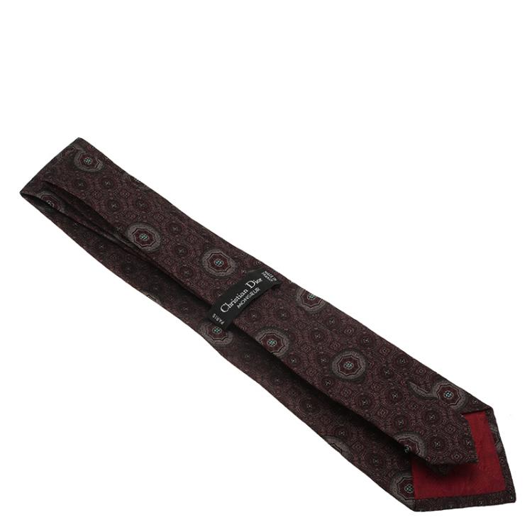 Pre Owned Dior Burgundy and Grey Printed Silk Tie