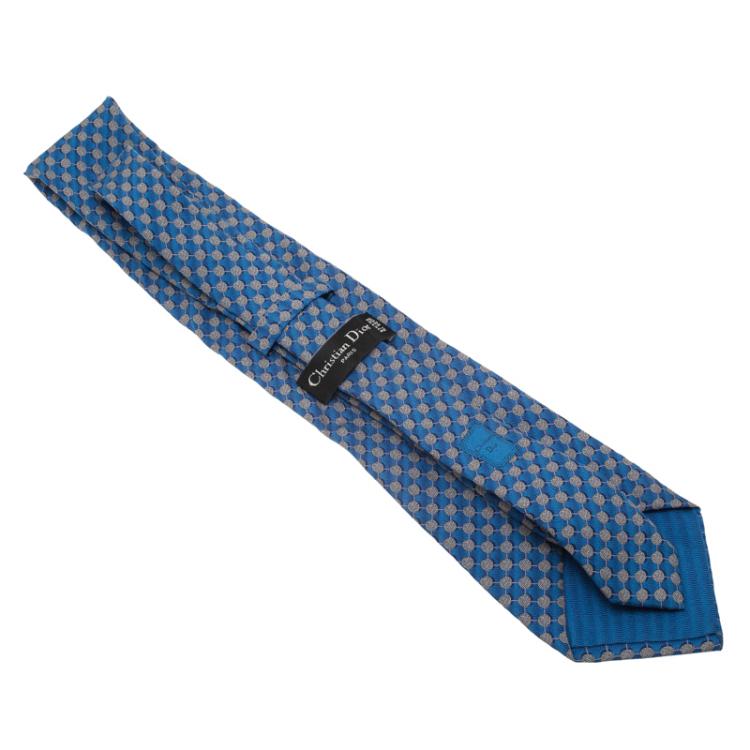 Pre Owned Dior Light Blue and Grey Polka Dot Silk Tie