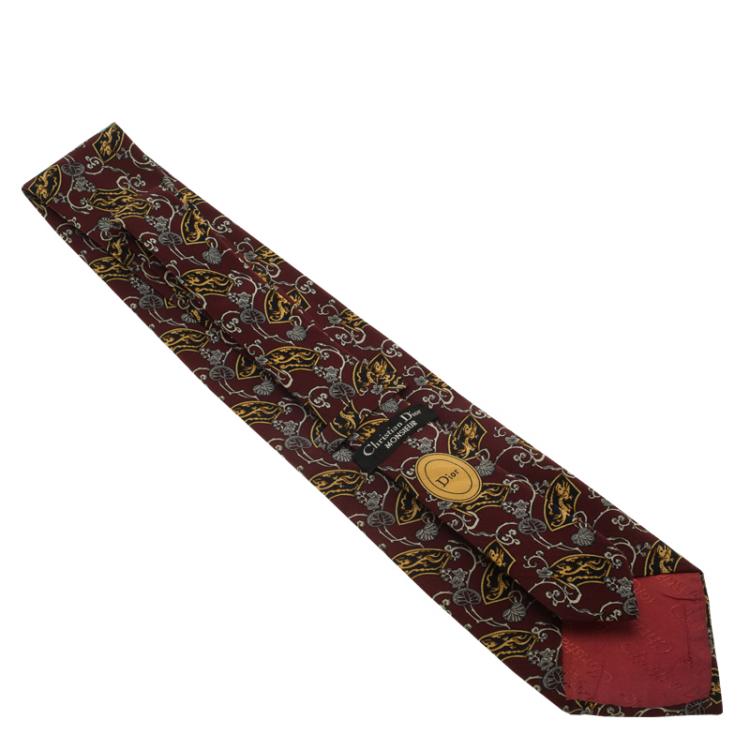 Pre Owned Dior Maroon Printed Silk Tie