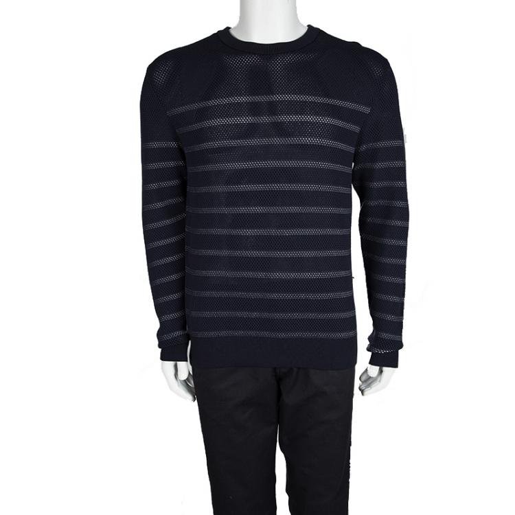 Pre Owned Dior Navy Blue Striped Perforated Knit Sweater L
