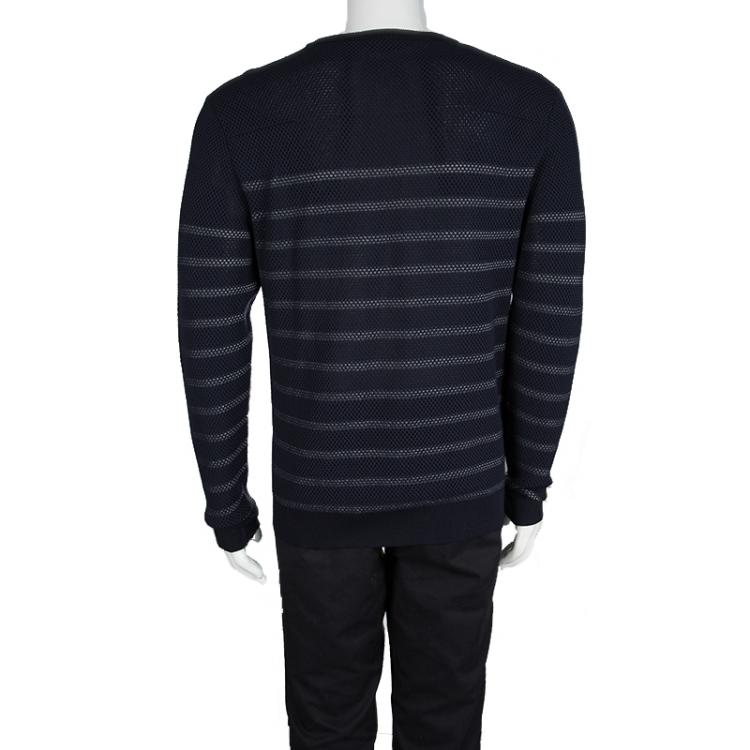 Pre Owned Dior Navy Blue Striped Perforated Knit Sweater L