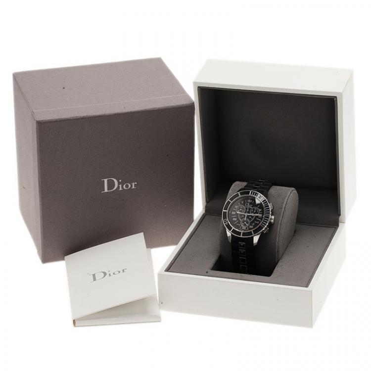 Pre Owned Dior Christal Quartz Chronograph  Stainless Steel & Ceramic Black Mens Watch 38 MM