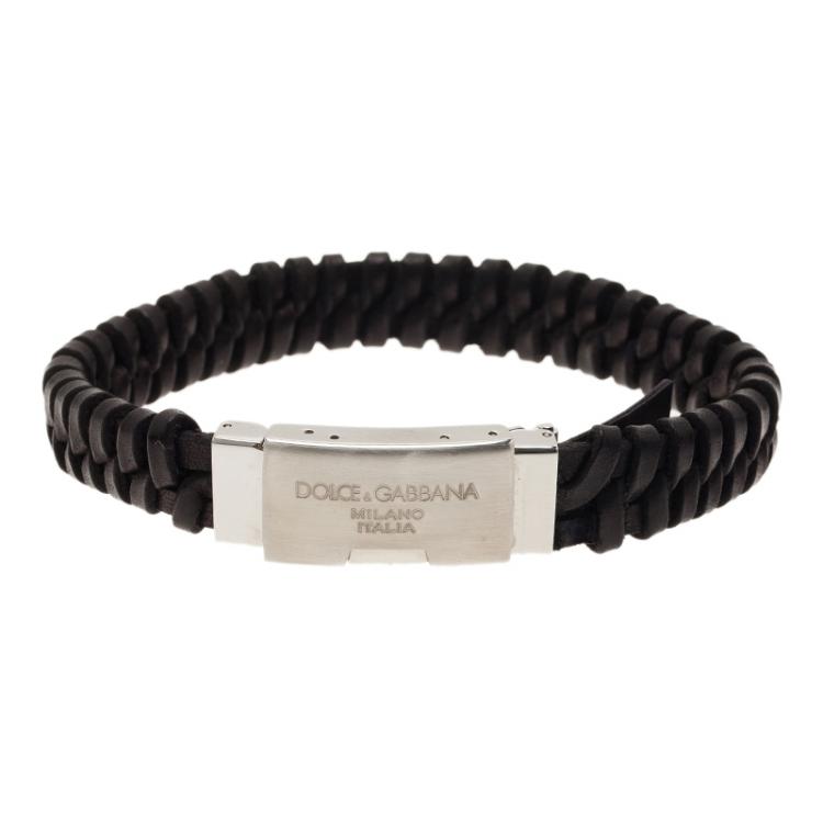 Pre Owned Dolce & Gabbana Woven Black Leather Silver Tone Bracelet Size L