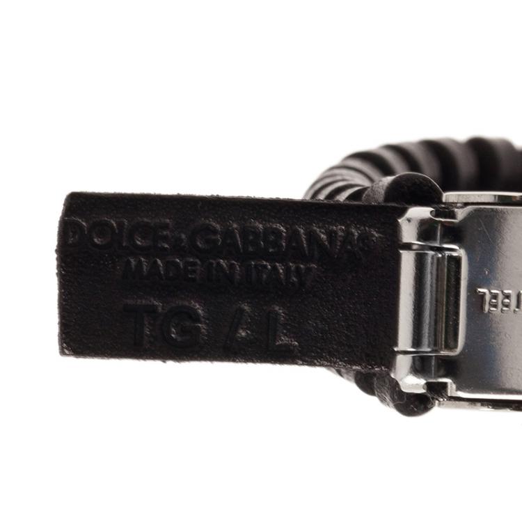 Pre Owned Dolce & Gabbana Woven Black Leather Silver Tone Bracelet Size L