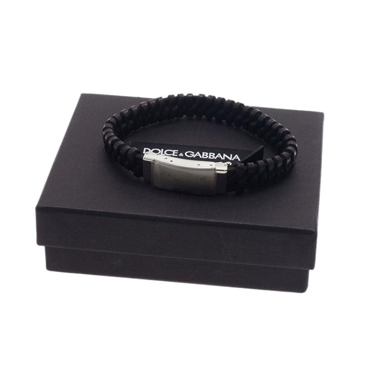 Pre Owned Dolce & Gabbana Woven Black Leather Silver Tone Bracelet Size L