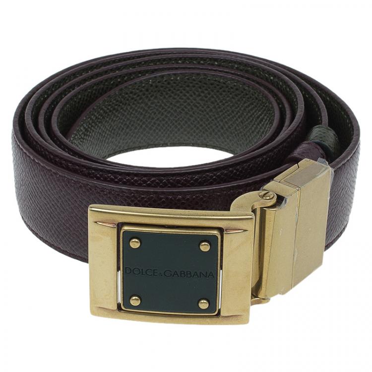 Pre Owned Dolce and Gabbana Burgundy and Green Logo Plaque Reversible Belt 110CM