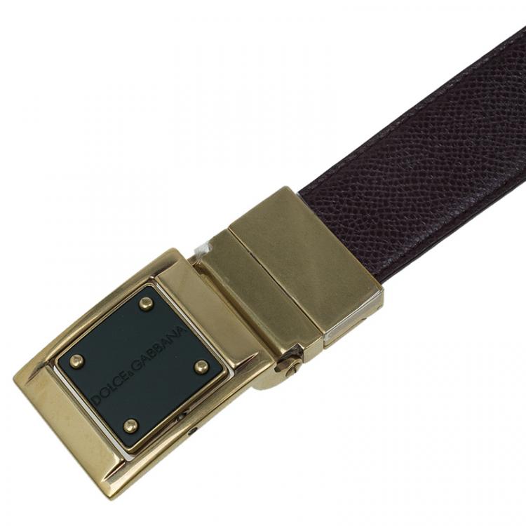 Pre Owned Dolce and Gabbana Burgundy and Green Logo Plaque Reversible Belt 110CM