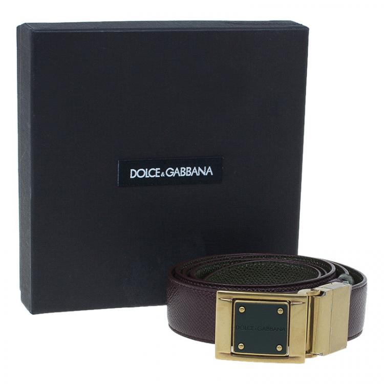 Pre Owned Dolce and Gabbana Burgundy and Green Logo Plaque Reversible Belt 110CM