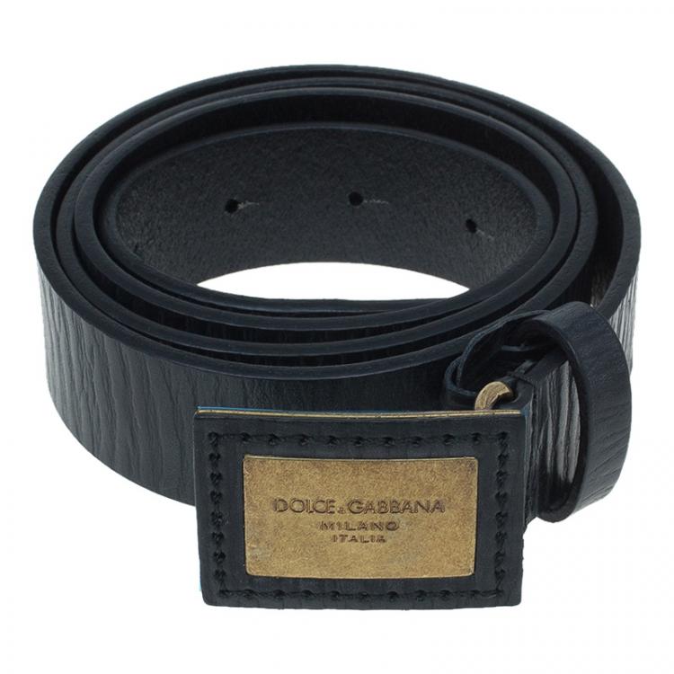 Pre Owned Dolce and Gabbana Black Leather Logo Plaque Belt 100CM