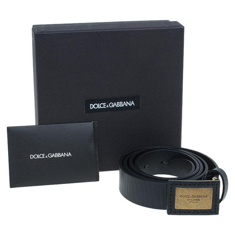 Pre Owned Dolce and Gabbana Black Leather Logo Plaque Belt 100CM