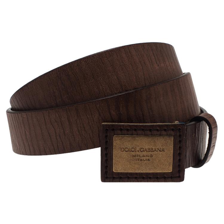 Pre Owned Dolce and Gabbana Brown Leather Continuity Logo Plaque Belt Size 95 