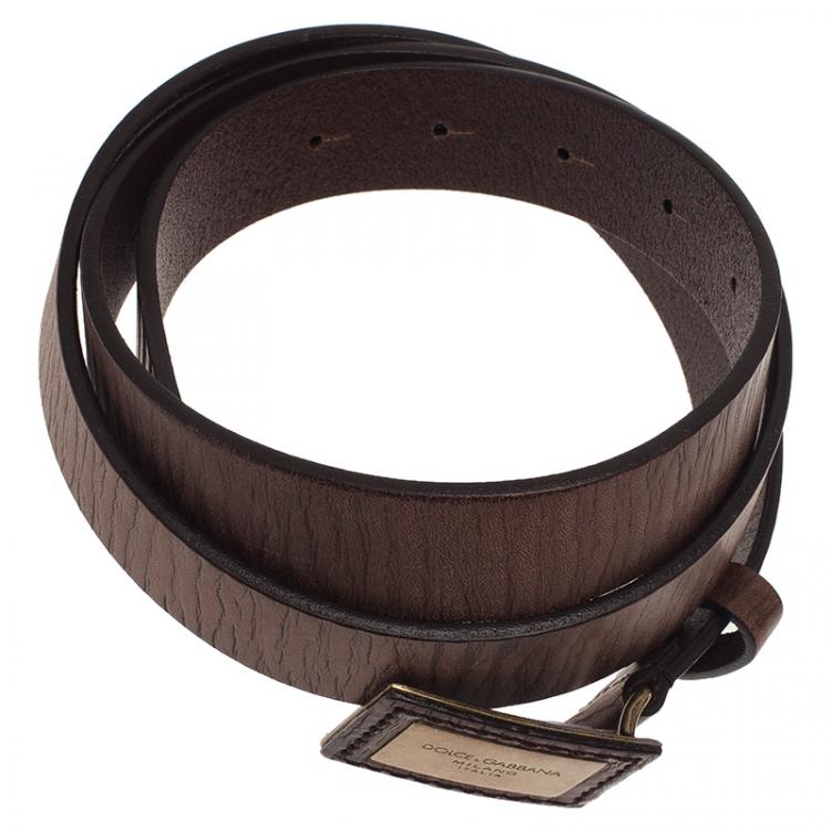 Pre Owned Dolce and Gabbana Brown Leather Continuity Logo Plaque Belt Size 95 