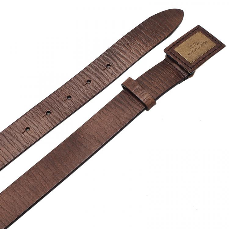 Pre Owned Dolce and Gabbana Brown Leather Continuity Logo Plaque Belt Size 95 
