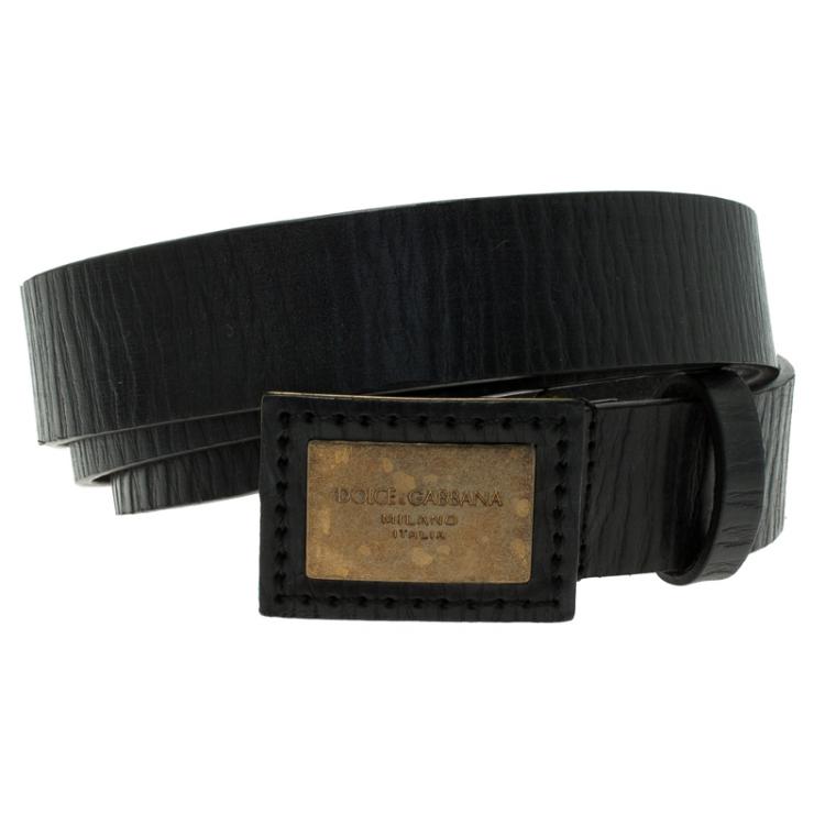 مملوكة مسبقًا Dolce and Gabbana Black Leather Logo Plaque Belt 105CM