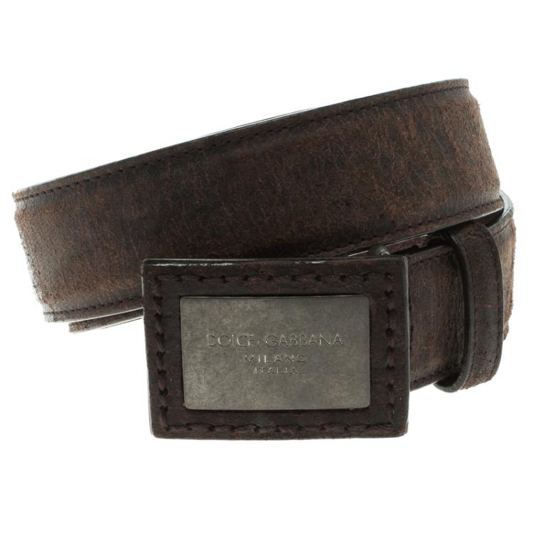 Pre Owned Dolce and Gabbana Dark Brown Leather Plaque Buckle Belt 100CM