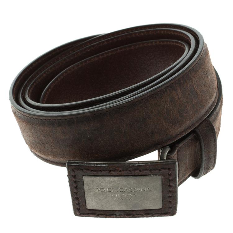 Pre Owned Dolce and Gabbana Dark Brown Leather Plaque Buckle Belt 100CM