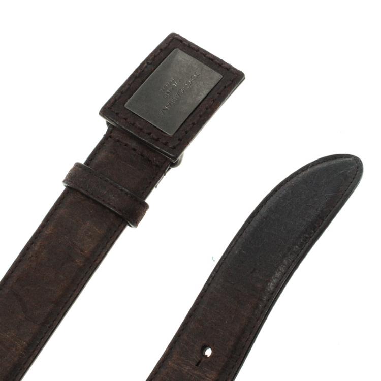Pre Owned Dolce and Gabbana Dark Brown Leather Plaque Buckle Belt 100CM