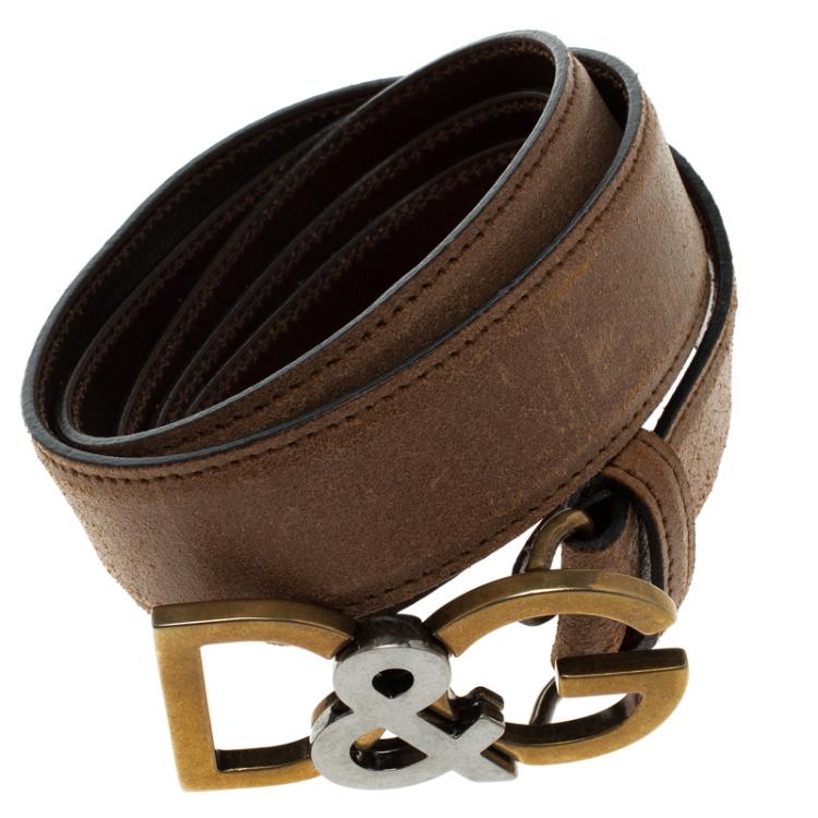 Pre Owned Dolce and Gabbana Brown Leather D&G Buckle Belt 110 CM