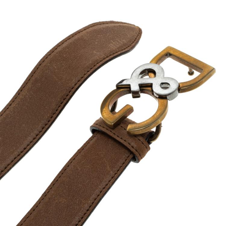 Pre Owned Dolce and Gabbana Brown Leather D&G Buckle Belt 110 CM