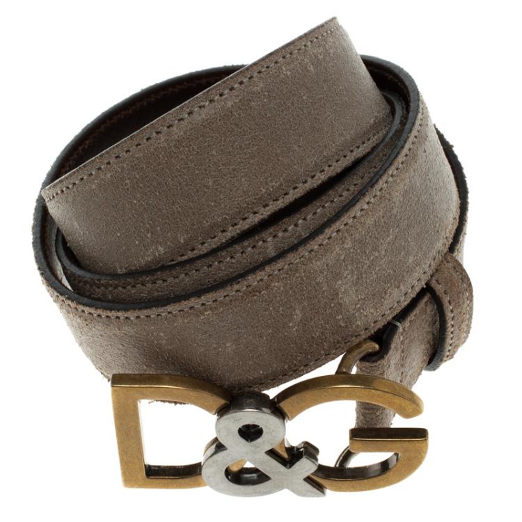 Pre Owned Dolce and Gabbana Grey Leather D&G Buckle Belt 110 CM