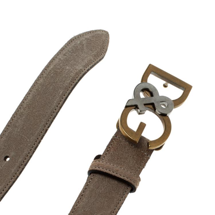 Pre Owned Dolce and Gabbana Grey Leather D&G Buckle Belt 110 CM