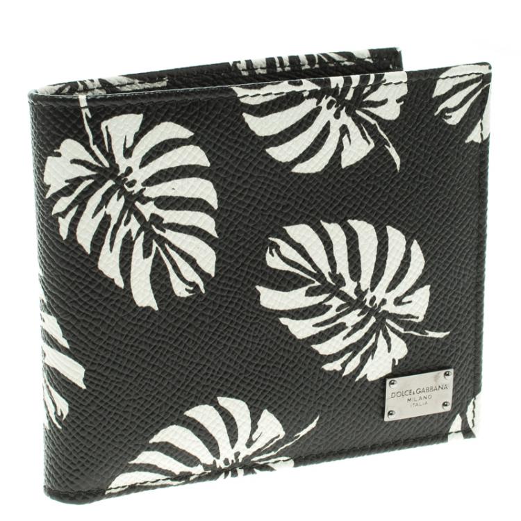 Pre Owned Dolce and Gabbana Black Leaf print Leather Bifold Wallet