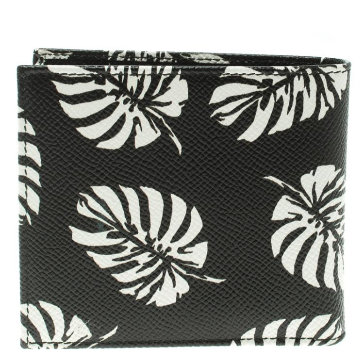 Pre Owned Dolce and Gabbana Black Leaf print Leather Bifold Wallet