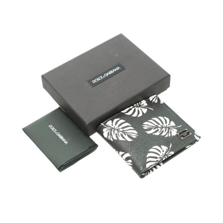 Pre Owned Dolce and Gabbana Black Leaf print Leather Bifold Wallet