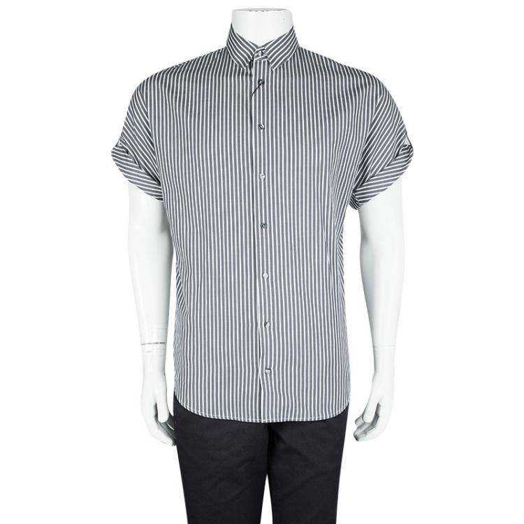Pre Owned Dolce and Gabbana Grey and White Striped Cotton Short Sleeve Shirt M