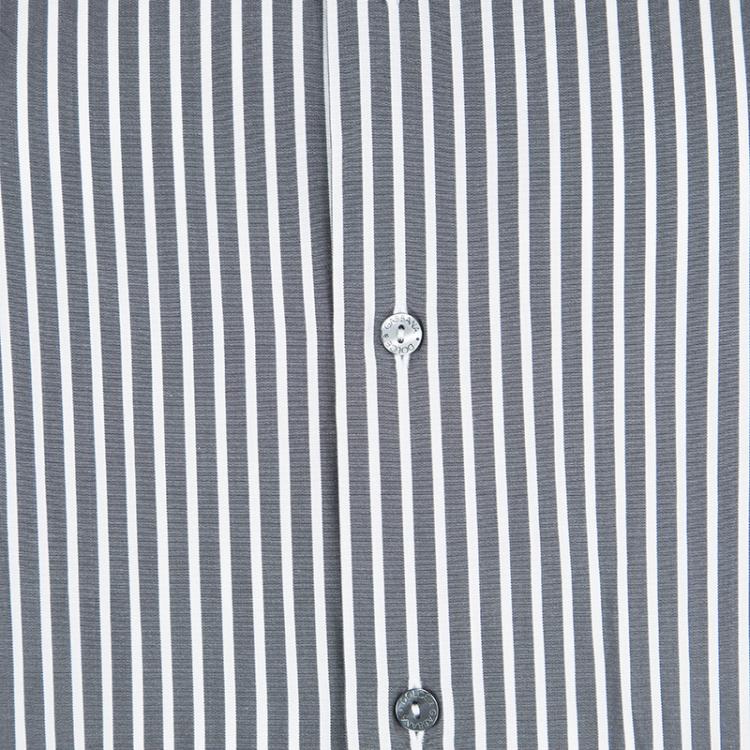 Pre Owned Dolce and Gabbana Grey and White Striped Cotton Short Sleeve Shirt M